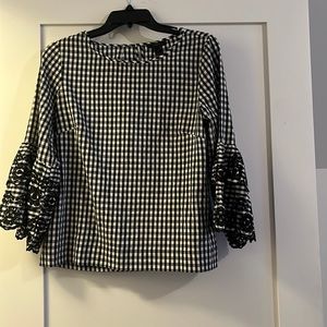 white and black gingham J Crew blouse with eyelet trim